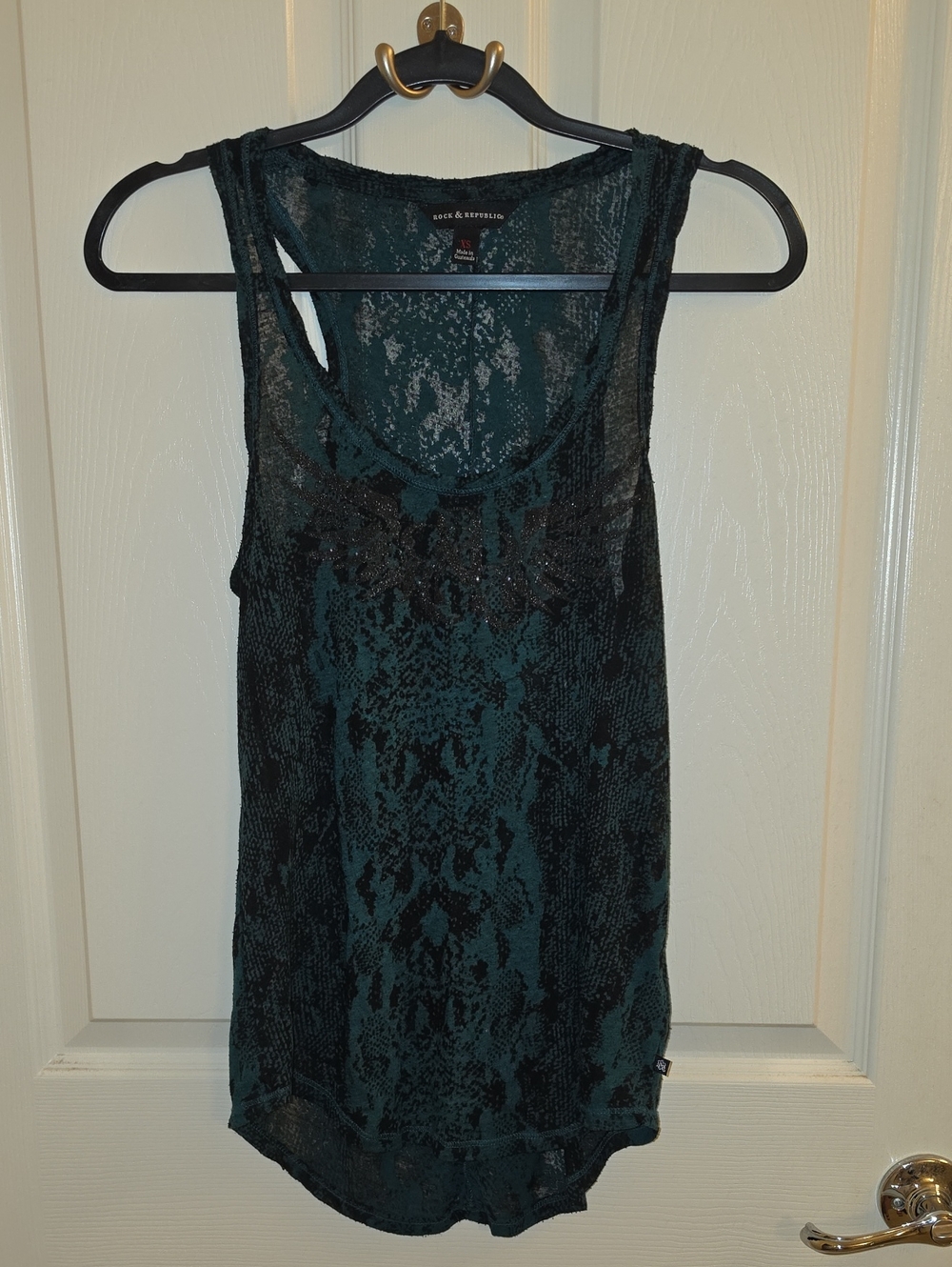 Rock & Republic Dark Green Snake-Print Sheer Tank Top